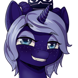 Size: 3508x3508 | Tagged: safe, artist:shiimosa, oc, oc only, oc:blizzard shard, pony, succubus, unicorn, bust, dark skin, eyebrows, eyebrows visible through hair, freckles, grin, high res, jewelry, male, portrait, regalia, short mane, simple background, smiling, smug, solo, stallion, transparent background, trap, watermark