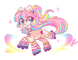 Size: 1552x1210 | Tagged: safe, artist:oofycolorful, oc, oc only, oc:bijou butterfly, earth pony, pony, coat markings, colored eartips, ear piercing, looking back, multicolored mane, multicolored tail, pale belly, piercing, roller skates, simple background, smiling, socks (coat markings), solo, tricolor mane, tricolor tail, white background