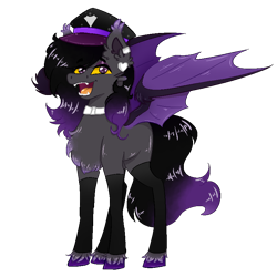 Size: 826x826 | Tagged: safe, artist:melip11, oc, oc only, oc:blackmour, bat pony, pony, clothes, collar, dyed mane, dyed tail, ear piercing, eyeshadow, fangs, hat, makeup, male, open mouth, piercing, simple background, solo, stallion, standing, transparent background, trap, wings