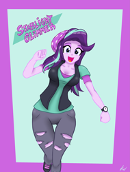 Size: 2597x3420 | Tagged: safe, artist:lennondash, starlight glimmer, equestria girls, g4, beanie, boots, breasts, cleavage, clothes, female, hat, high res, open mouth, pants, ripped pants, shirt, shoes, solo, teenager, torn clothes, vest