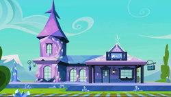 Size: 1280x720 | Tagged: safe, screencap, g4, games ponies play, background, cloud, crystal empire, mountain, railroad, scenic ponyville, train station, tree
