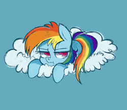 Size: 2300x2000 | Tagged: safe, artist:meowmeows, rainbow dash, pegasus, pony, g4, :t, blue background, cloud, colored pupils, cute, dashabetes, female, filly, filly rainbow dash, high res, lidded eyes, lying down, mare, on a cloud, prone, rainbow dash is not amused, simple background, solo, unamused, younger