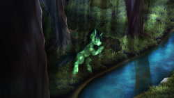 Size: 3840x2160 | Tagged: safe, artist:crimsonwolf360, oc, oc only, oc:green, pony, unicorn, fanfic:trust once lost, fanfic art, fimfiction, forest, grass, high res, light rays, night, river, scenery, scenery porn, sleeping, solo