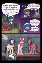 Size: 2654x3896 | Tagged: safe, artist:lunarlacepony, oc, oc:blumine eve, oc:lunar lace, oc:merlot ruth, oc:pink sherbet, earth pony, pegasus, pony, unicorn, apple, auction, blushing, candle, chains, clothes, collar, comic, fangs, female, food, high res, hooves, horn, maid, mare, market, night haze castle, orange, slave, slave auction, slave market, wings