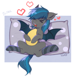 Size: 1000x1000 | Tagged: source needed, safe, artist:black road, oc, oc only, oc:nocturne star, bat pony, pony, clothes, food, heart, lying down, mango, pillow, socks, solo, striped socks