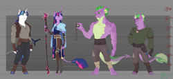 Size: 3900x1800 | Tagged: safe, artist:joan-grace, shining armor, spike, twilight sparkle, dragon, pony, unicorn, anthro, unguligrade anthro, g4, clothes, ponified, ponified spike, species swap, story included, sword, weapon