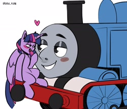 Size: 1904x1640 | Tagged: safe, artist:lrusu, twilight sparkle, alicorn, pony, g4, blushing, crack shipping, crossover, crossover shipping, cursed image, female, heart, looking at each other, male, mare, nightmare fuel, shipping, simple background, sitting on person, steam engine, straight, thomas the tank engine, train, twilight sparkle (alicorn), twitom, white background, wtf