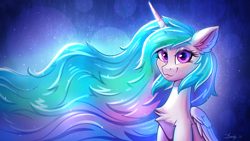 Size: 3840x2160 | Tagged: safe, artist:dandy, princess celestia, alicorn, pony, g4, chest fluff, cute, cutelestia, ear fluff, ethereal mane, eyebrows, eyebrows visible through hair, eyelashes, female, high res, horn, looking at you, sitting, solo, wallpaper, wings