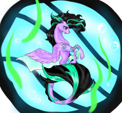 Size: 1398x1301 | Tagged: safe, artist:mystress-of-magic01, oc, oc only, alicorn, pony, seapony (g4), blue eyes, bubble, fish tail, flowing mane, flowing tail, horn, seaponified, seaweed, signature, smiling, solo, species swap, spread wings, swimming, tail, underwater, water, wings