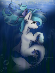 Size: 1536x2048 | Tagged: safe, artist:artistqueene, oc, oc only, hybrid, merpony, seapony (g4), blue eyes, blue mane, bubble, crepuscular rays, dorsal fin, eyelashes, fins, fish tail, flowing mane, flowing tail, ocean, open mouth, ribbon, seaweed, signature, solo, swimming, tail, underwater, unshorn fetlocks, water