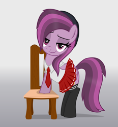 Size: 2752x2962 | Tagged: safe, artist:chomakony, oc, oc only, oc:ruby geminis, earth pony, pony, bedroom eyes, chair, clothes, cute, earth pony oc, female, gradient background, hat, high res, lidded eyes, looking at you, mare, school uniform, show accurate, skirt, skirt lift, smiling, smirk, socks, solo