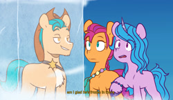 Size: 3984x2312 | Tagged: safe, artist:chub-wub, hitch trailblazer, izzy moonbow, sunny starscout, earth pony, pony, unicorn, g5, bag, bracelet, chest fluff, cowboy hat, eye clipping through hair, eyebrows, eyebrows visible through hair, female, frozen, grin, hat, high res, ice, jewelry, male, mare, markings, meme, missing cutie mark, raised hoof, reference, scooby doo, skooks, smiling, stallion, text, the misadventures of skooks, unshorn fetlocks, youtube poop