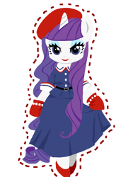 Size: 600x800 | Tagged: safe, artist:nonananana, rarity, unicorn, semi-anthro, g4, arm hooves, beret, bipedal, clothes, dress, female, hat, looking at you, mare, simple background, white background