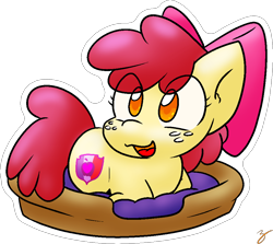 Size: 946x844 | Tagged: safe, artist:zutcha, apple bloom, earth pony, pony, g4, apple bloom's bow, bed, behaving like a cat, behaving like a dog, bow, cute, eye clipping through hair, female, filly, freckles, hair bow, happy, open mouth, open smile, simple background, smiling, solo, transparent background, weapons-grade cute