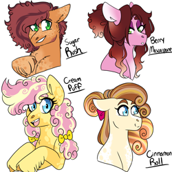Size: 3000x3000 | Tagged: safe, artist:gingygin, oc, oc only, oc:berry macarpone, oc:cinnomon roll, oc:cream puff, oc:sugar rush, earth pony, pony, bow, bust, earth pony oc, female, filly, hair bow, high res, male, mare, offspring, parent:cheese sandwich, parent:pinkie pie, parents:cheesepie, siblings, simple background, stallion, unshorn fetlocks, white background