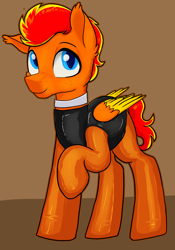 Size: 2504x3584 | Tagged: safe, artist:dumbwoofer, oc, oc only, oc:fireheart(fire), pegabat, pegasus, pony, clothes, collar, freckles, high res, latex, latex socks, latex suit, looking at you, male, pegasus oc, raised hoof, smiling, smiling at you, socks, solo, stallion