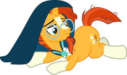Size: 2048x1215 | Tagged: safe, artist:frownfactory, edit, vector edit, sunburst, pony, unicorn, g4, season 8, the parent map, .svg available, blaze (coat marking), brooch, cape, clothes, coat markings, cute, cutie mark, facial markings, flank, frown, glasses, horn, jewelry, looking at cutie mark, male, robe, simple background, socks (coat markings), solo, stallion, sunbetes, transparent background, vector