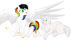 Size: 1000x559 | Tagged: safe, artist:schokocream, oc, oc only, oc:dr. wolf, oc:lightning bliss, alicorn, pony, wolf, :p, alicorn oc, eyes closed, female, horn, male, mare, multicolored hair, rainbow hair, simple background, sitting, sleeping, spread wings, tongue out, transparent background, wings