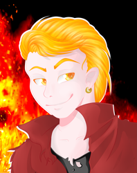 Size: 1725x2183 | Tagged: safe, artist:schokocream, oc, oc only, oc:firebrand, human, bust, clothes, fire, humanized, male, smiling, solo