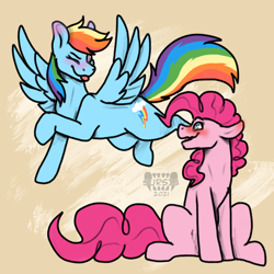 Size: 1500x1500 | Tagged: safe, artist:sursiq, pinkie pie, rainbow dash, earth pony, pegasus, pony, g4, blushing, cutie mark, female, flying, heart eyes, lesbian, multicolored hair, multicolored mane, multicolored tail, one eye closed, ship:pinkiedash, shipping, sitting, smiling, spread wings, tongue out, watermark, wingding eyes, wings, wink
