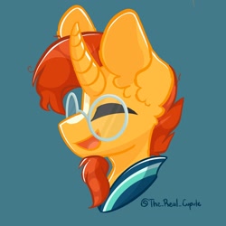 Size: 2048x2048 | Tagged: safe, artist:cupute, sunburst, pony, g4, big ears, curved horn, eyes closed, high res, horn, open mouth, smiling, solo