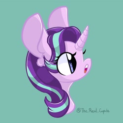 Size: 2048x2048 | Tagged: safe, artist:cupute, starlight glimmer, pony, unicorn, g4, big ears, bust, curved horn, female, green background, high res, horn, mare, open mouth, side view, simple background, solo
