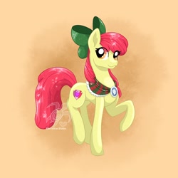 Size: 2048x2048 | Tagged: safe, artist:turtletroutstudios, apple bloom, earth pony, pony, g4, bow, clothes, concave belly, eye clipping through hair, female, hair bow, high res, looking at you, mare, older, older apple bloom, raised hoof, raised leg, shawl, smiling, smiling at you, solo