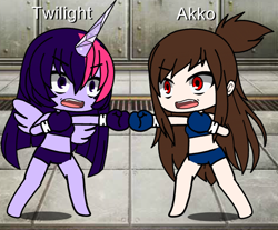 Size: 686x567 | Tagged: safe, artist:jpghost, twilight sparkle, anthro, g4, akko kagari, angry, bashing, boxing, boxing gloves, crossover, gacha life, little witch academia, sports, weird