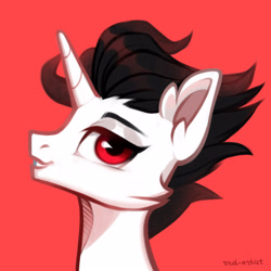 Size: 3000x3000 | Tagged: safe, artist:rrd-artist, oc, oc only, oc:凌宇, pony, unicorn, bust, ear fluff, grin, high res, horn, looking at you, male, red background, red eyes, simple background, smiling, smiling at you, solo, stallion, unicorn oc