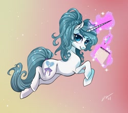 Size: 1995x1752 | Tagged: safe, artist:opalacorn, oc, oc only, oc:silk lace, pony, unicorn, glowing horn, gradient background, grin, horn, looking at you, magic, magic aura, notepad, pencil, smiling, smiling at you, smirk, solo, telekinesis, unicorn oc