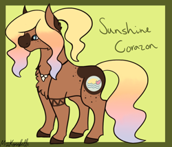 Size: 1750x1500 | Tagged: safe, artist:misskanabelle, oc, oc only, oc:sunshine corazon, earth pony, pony, abstract background, chest fluff, earth pony oc, female, jewelry, mare, necklace, offspring, parent:coco crusoe, parent:sunny smiles, signature, solo