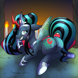 Size: 1500x1500 | Tagged: safe, artist:northernlightsone, oc, oc:empress sacer malum, hybrid, pony, unicorn, alicorn amulet, butt, candle, changeling oc, commissioner:bigonionbean, crown, curved horn, cutie mark, extra thicc, female, flank, fusion, fusion:king sombra, fusion:nightmare moon, fusion:queen chrysalis, horn, horseshoes, jewelry, large butt, mare, parent:king sombra, parent:nightmare moon, parent:princess luna, parent:queen chrysalis, plot, regalia, staring at you, sultry pose, wings, writer:bigonionbean