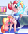 Size: 1239x1500 | Tagged: safe, artist:northernlightsone, oc, oc:sunbutter cookies, earth pony, pony, unicorn, adorable face, butt, checklist, clothes, commissioner:bigonionbean, cute, cutie mark, drink, female, flank, fusion, fusion:pinkie pie, fusion:sunset shimmer, hair bun, hairpin, magic, mare, plot, roller skates, waitress, writer:bigonionbean