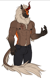 Size: 534x823 | Tagged: safe, artist:askbubblelee, oc, oc only, kirin, anthro, unguligrade anthro, abs, adonis belt, amber eyes, anthro oc, beard, biceps, branded, brown fur, chest fluff, clothes, coat markings, curved horn, digital art, elbow fluff, facial hair, frown, handsome, happy trail, horn, kirin oc, leonine tail, looking at you, male, monochrome, muscles, narrowed eyes, neck fluff, nipples, nudity, pale belly, pants, partial nudity, pecs, pubic hair, scales, scar, serious, serious face, sexy, simple background, socks (coat markings), solo, topless, torn ear, white background