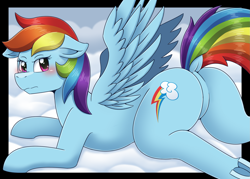 Size: 2167x1550 | Tagged: safe, artist:vavacung, rainbow dash, pegasus, pony, series:the day spike stopped caring and made love to everpony he cares for, g4, blushing, butt, clopfic linked in description, cloud, dock, featureless crotch, female, floppy ears, frog (hoof), looking at you, looking back, looking back at you, lying down, mare, plot, prone, rainbutt dash, solo, underhoof