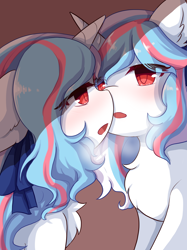 Size: 2048x2732 | Tagged: safe, artist:yilo, oc, oc:moontrace, pony, unicorn, blushing, boop, hairband, high res, kissing, multicolored hair, noseboop, red eyes, self ponidox, selfcest, shipping