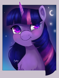 Size: 2468x3240 | Tagged: safe, alternate version, artist:saphypone, twilight sparkle, pony, unicorn, bust, chest fluff, cute, female, high res, looking up, mare, moon, night, portrait, revised, signature, sky, smiling, solo, stars, twiabetes, unicorn twilight
