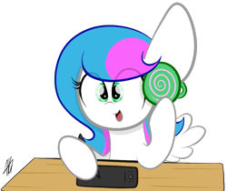 Size: 815x686 | Tagged: safe, artist:sugarcloud12, oc, oc only, oc:sugar cloud, pegasus, pony, big ears, drawing tablet, female, graphics tablet, headphones, hoof hold, mare, simple background, solo, stylus, transparent background