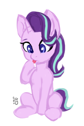 Size: 2000x3000 | Tagged: safe, artist:raphaeldavid, starlight glimmer, pony, unicorn, g4, chibi, high res, hoof licking, licking, simple background, sitting, solo, tongue out, white background