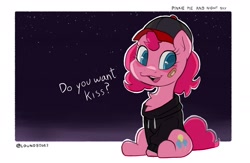 Size: 2000x1300 | Tagged: safe, artist:lound, pinkie pie, earth pony, pony, g4, bandaid, bandaid on nose, cap, clothes, hat, hoodie, night, solo, stars