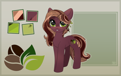 Size: 3265x2065 | Tagged: safe, artist:radioaxi, oc, oc only, oc:dim bush, earth pony, pony, female, green eyes, high res, looking at you, mare, reference sheet, ribbon, simple background, smiling, smiling at you, solo