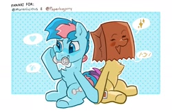 Size: 2000x1300 | Tagged: safe, artist:lound, oc, oc:blue chewings, oc:paper bag, pony, blue eyes, chest fluff, chew toy, duo, fake cutie mark, heart, holding hooves, paper bag, pictogram