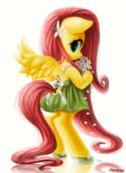 Size: 700x955 | Tagged: safe, artist:nonananana, fluttershy, pegasus, pony, g4, bipedal, clothes, dress, female, flower, hairclip, looking at you, looking back, looking back at you, shoes, solo