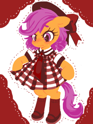 Size: 600x800 | Tagged: safe, artist:nonananana, scootaloo, pony, g4, angry, bipedal, blushing, clothes, dress, female, girly, hat, mary janes, shoes, simple background, socks, solo