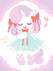 Size: 600x800 | Tagged: safe, artist:nonananana, sweetie belle, pony, g4, ballet slippers, bipedal, bow, clothes, cute, diasweetes, dress, female, hair bow, music notes, open mouth, simple background, singing, solo