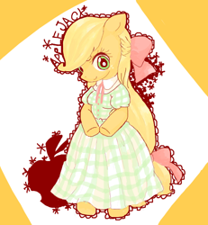 Size: 600x650 | Tagged: safe, artist:nonananana, anthro, apple, clothes, dress, female, food, hair ribbon, missing accessory, simple background, solo