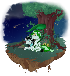 Size: 800x868 | Tagged: safe, artist:lavvythejackalope, oc, oc only, pony, unicorn, commission, duo, floating island, horn, looking up, lying down, night, outdoors, prone, shooting star, smiling, stars, tree, unicorn oc, ych result