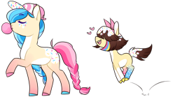 Size: 700x388 | Tagged: safe, artist:lavvythejackalope, oc, oc only, earth pony, pony, braided tail, bubblegum, colored hooves, duo, earth pony oc, eyes closed, female, food, gum, hat, heart, mare, pronking, raised hoof, simple background, smiling, transparent background