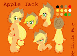 Size: 888x647 | Tagged: safe, artist:nonananana, applejack, earth pony, anthro, plantigrade anthro, g4, applejack is not amused, applejack's hat, barbie doll anatomy, color palette, cowboy hat, featureless crotch, female, freckles, hat, nail polish, smiling, solo, text, unamused