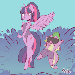 Size: 3000x3000 | Tagged: safe, artist:scribleydoodles, spike, twilight sparkle, alicorn, dragon, anthro, unguligrade anthro, g4, clothes, duo, female, high res, male, mare, one-piece swimsuit, sunglasses, swimming trunks, swimsuit, twilight sparkle (alicorn), water, winged spike, wings